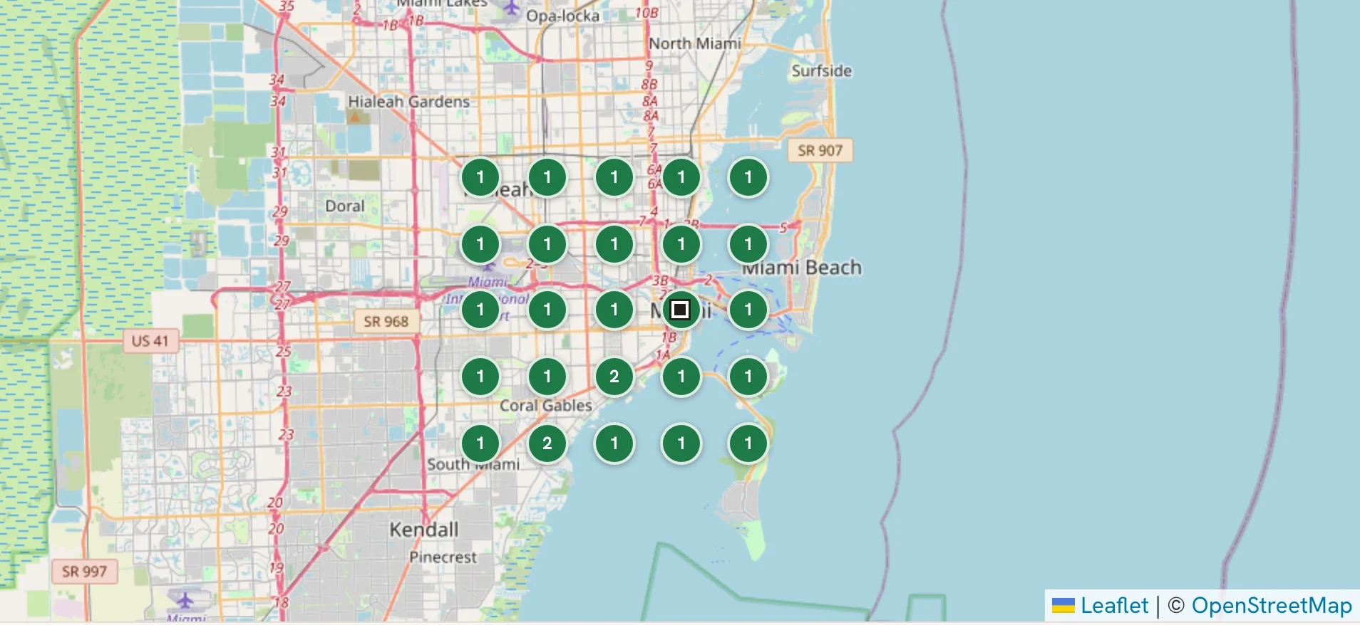 Map of Miami with a 5 by 5 grid of 25 ranking pins for solar panel cleaning miami; 23 pins show rank 1 and two show rank 2